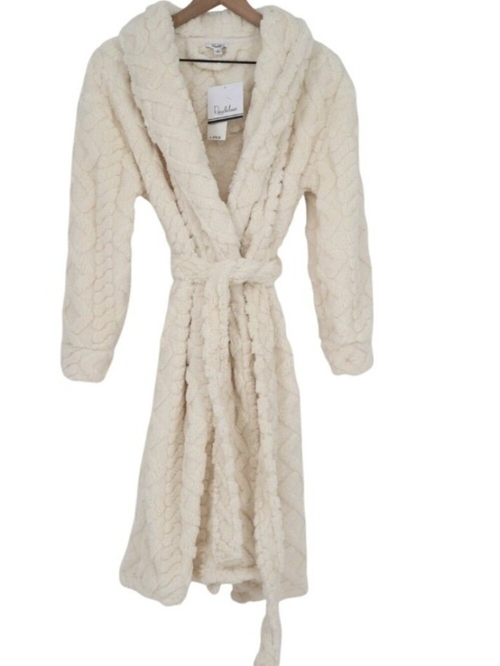 #1821 Roudelain Wrap Bathrobe Fleece Cable Knit Shawl Collar Belt Waist - Picture 6 of 8